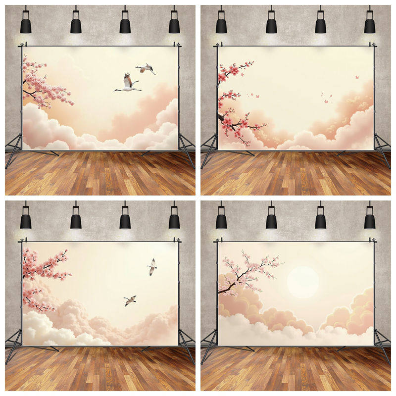新中式花鸟白云装饰背景布古风桃花梅花背景影楼写真墙布客厅挂布
