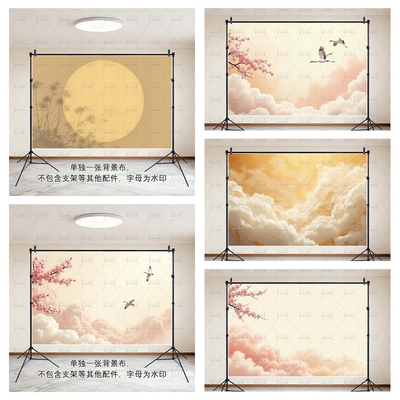 古风飞鸟梅花背景布圆月影棚旗袍全家福拍照数码墙布云朵国风挂布