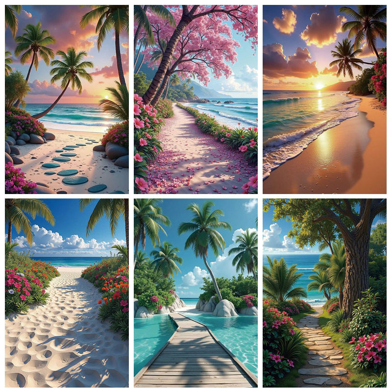 海滩椰树风景背景布摄影拍照直播
