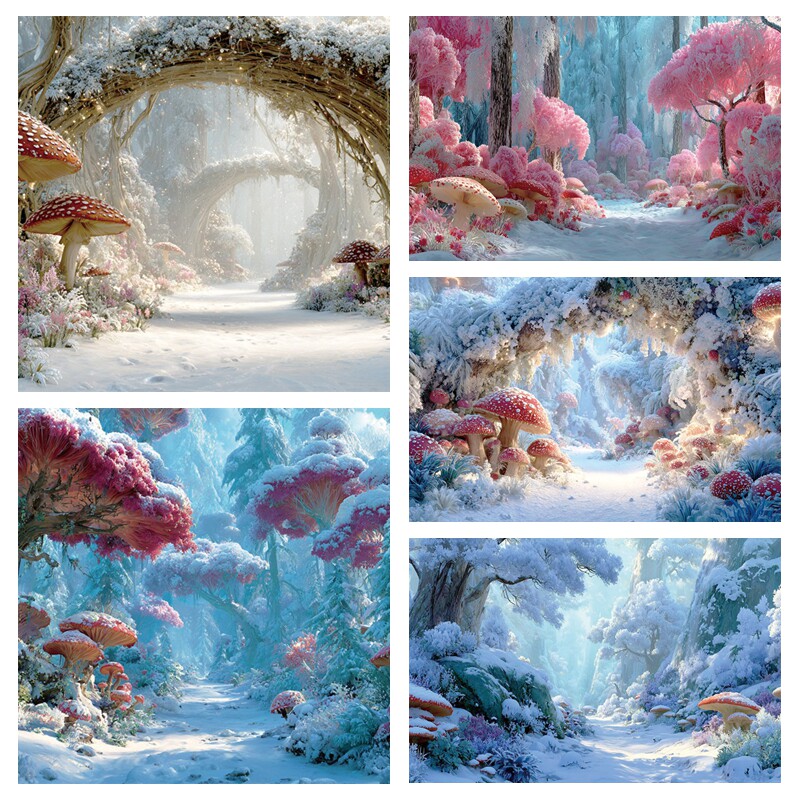 蓝白色雪地森林背景布直播间造景