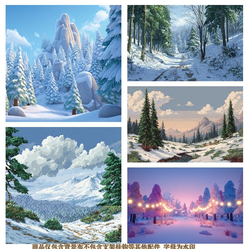 动画风儿童森林雪地写真背景布