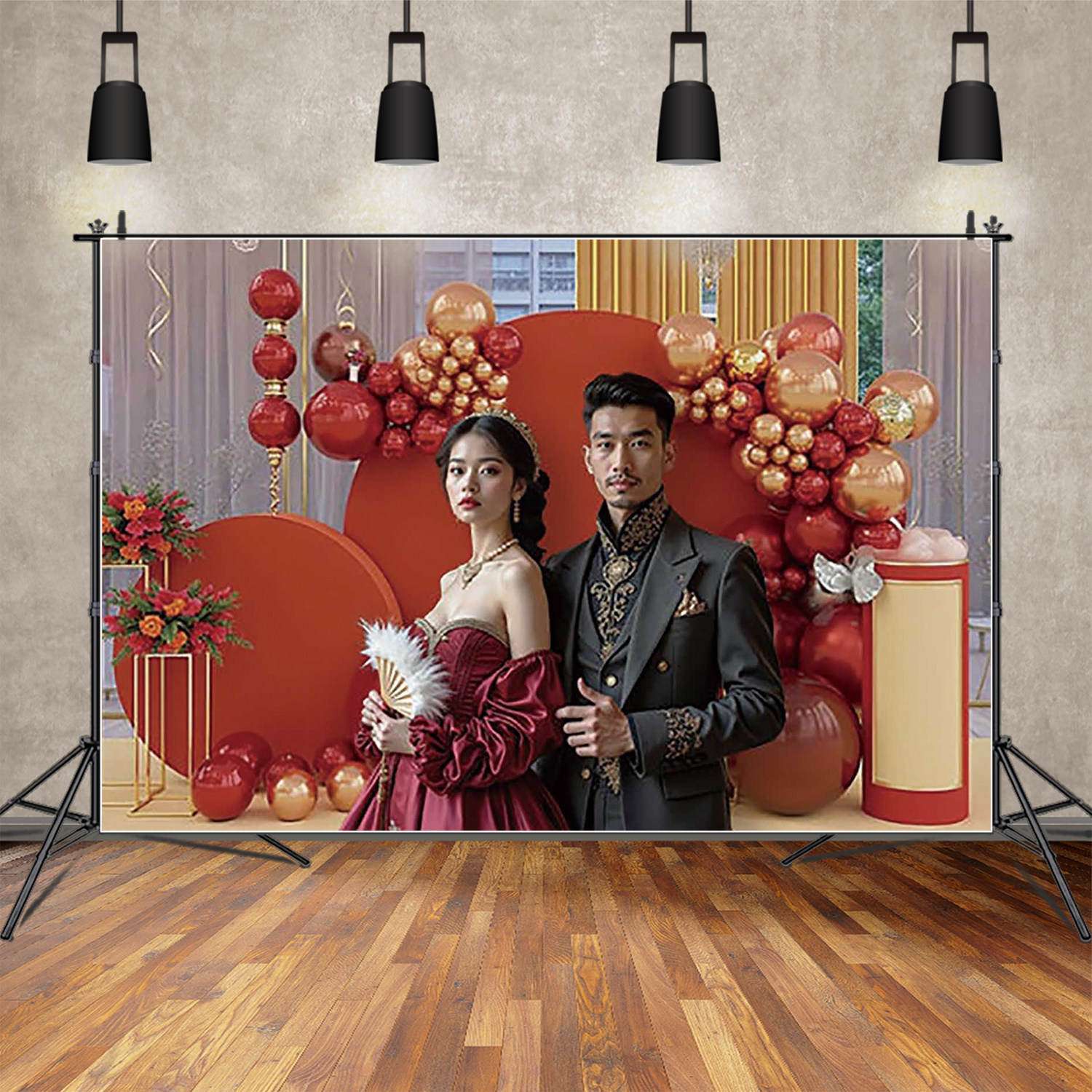 中式订婚全家福写真背景布图片