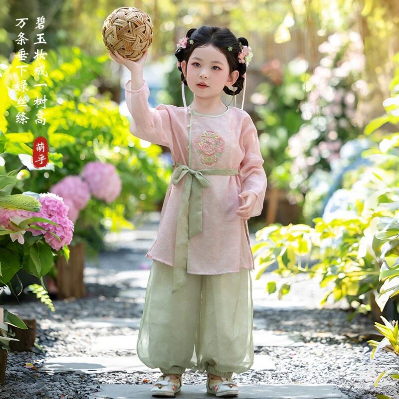 汉服女童儿童新中式改良套装小女孩中国风圆领袍宋裤唐装古装夏款