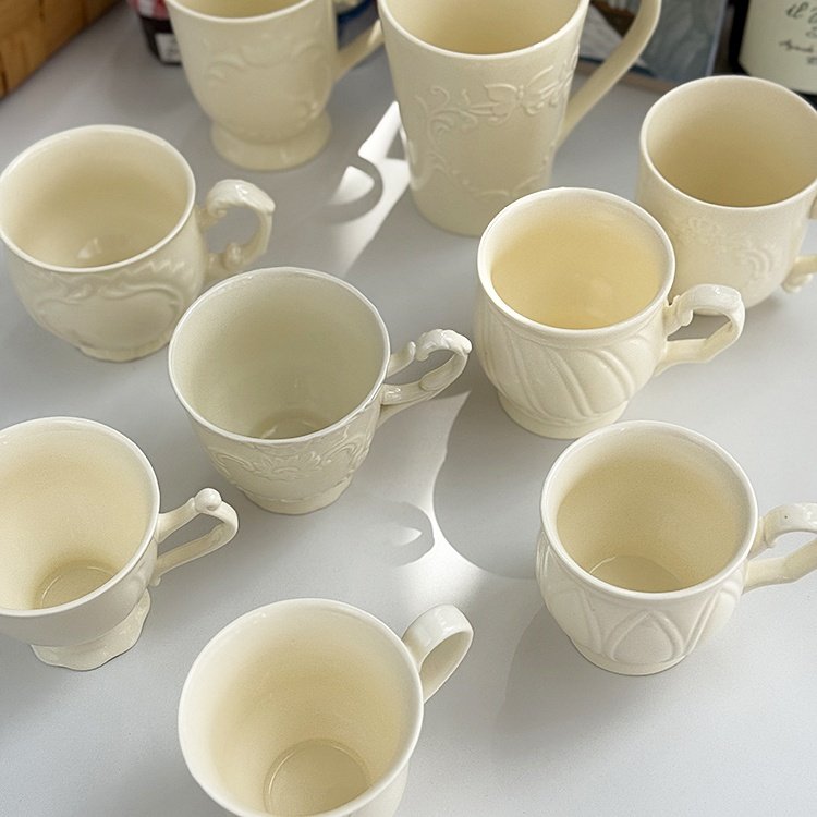 奶黄色浮雕陶瓷水杯精致高颜值宫廷咖啡杯下午茶创意杯子拉花杯,餐饮具,马克杯,淘宝优惠券,粉丝福利购,淘宝优惠卷