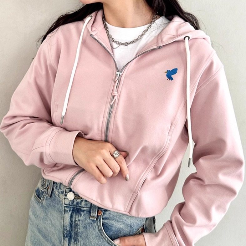 日系25秋冬新品刺绣图案双拉链毛圈棉连帽卫衣外套棉百搭上衣