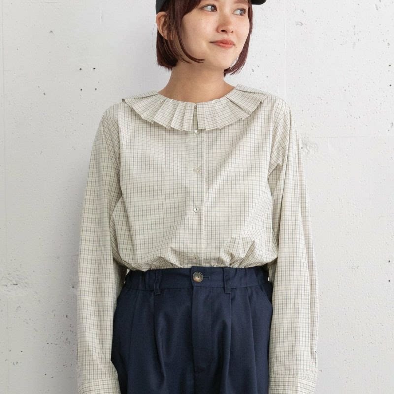 日系25秋冬新品百褶荷叶领格子衬衫长袖衬衫百搭上衣女