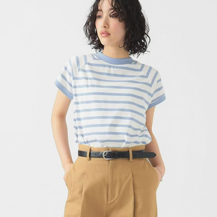 日系新品beams撞色条纹法式袖圆领短袖T恤百搭上衣女