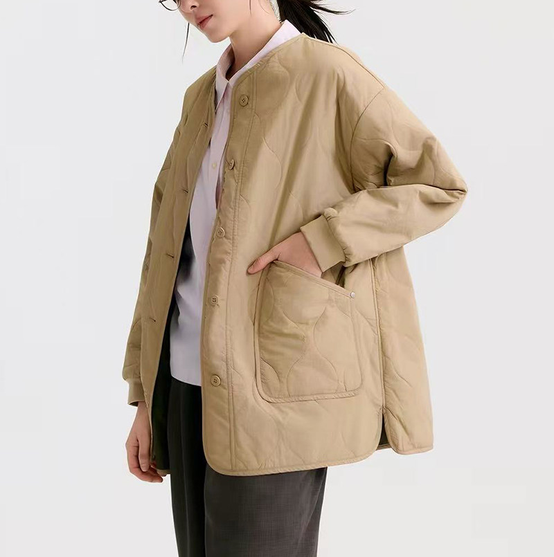 日系新品V领绗棉下开叉大口袋宽松外套棉衣叠穿轻薄棉服女