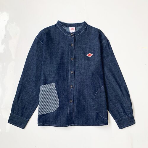 日系新品danton侧边条纹拼接单排扣牛仔衬衫上衣女