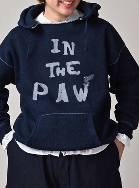 日系25秋冬新品刺绣飞鸟领开连帽卫衣靛蓝加绒上衣cc45