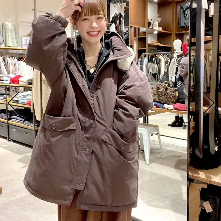 日系25秋冬新品niko简约百搭大口袋连帽中长款棉服外套女妮蔻