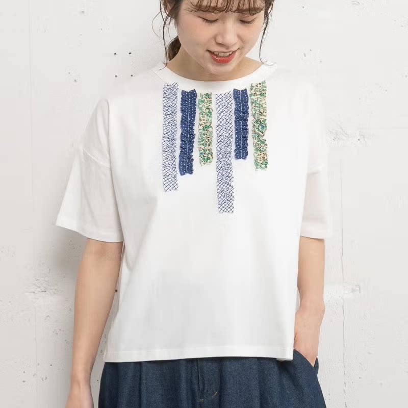 日系新品胸前彩色木耳边纯棉短袖T恤百搭上衣女