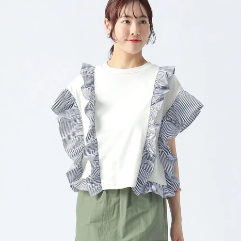 张晓沫日系beams甜美条纹木耳荷叶花边T恤全棉百搭上衣女25SS