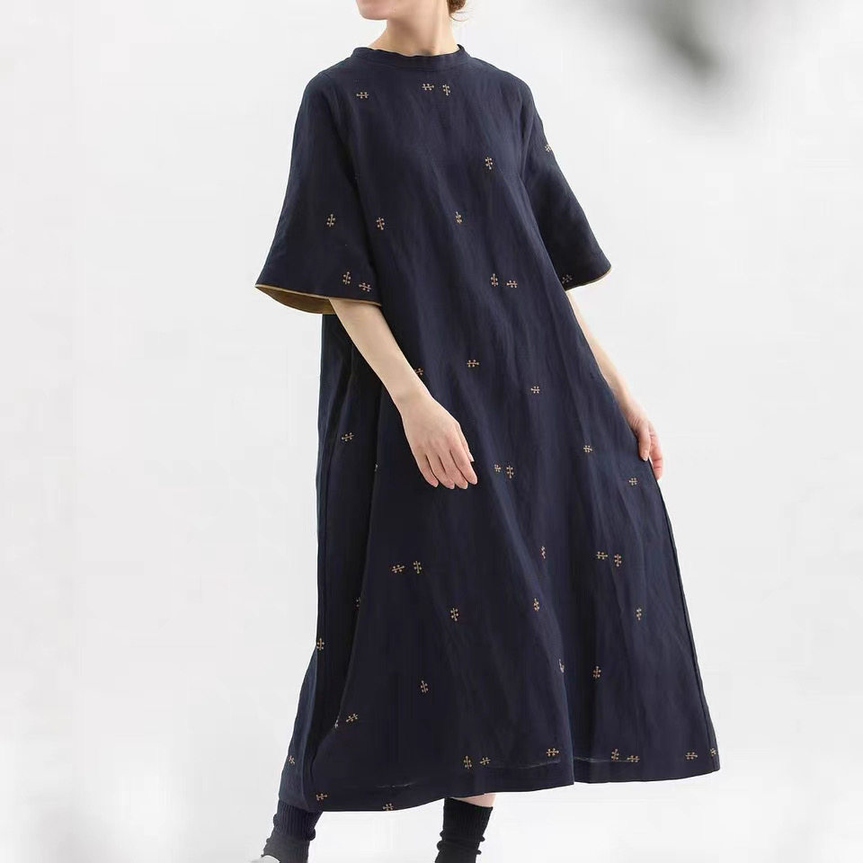 日系新品刺绣花柄宽松袖子亚麻连衣裙长裙女n+