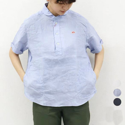 日系新品danton翻领亚麻卷边短袖衬衫百搭上衣女