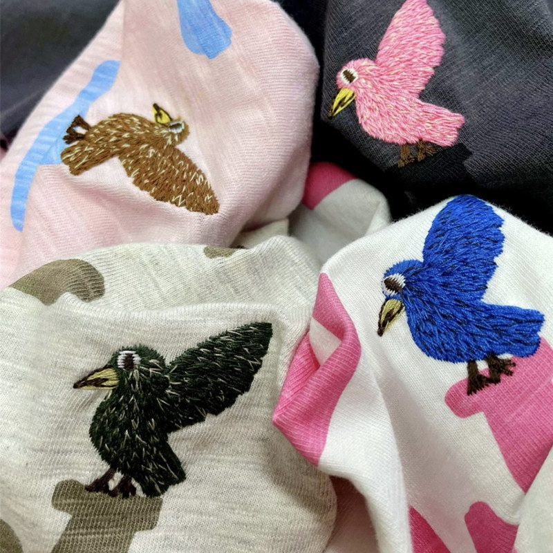 日系新品刺绣飞鸟字母印花竹节棉短袖T恤百搭上衣女45