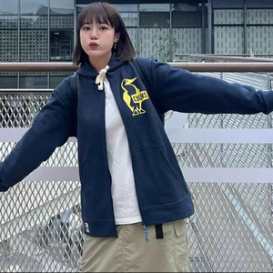 张晓沫日系24秋冬新款字母印花拉链开衫毛圈棉连帽外套女
