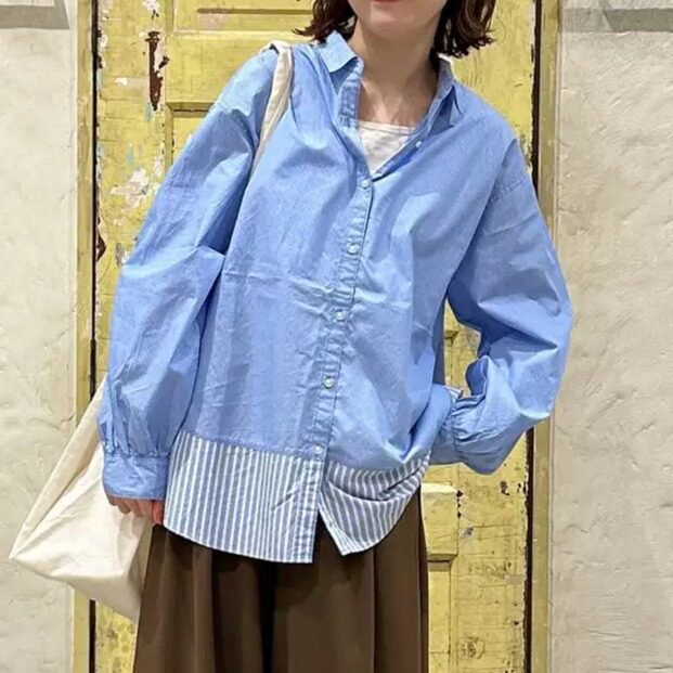 日系秋新品下摆拼接条纹单排扣长袖衬衫慵懒风上衣女n+