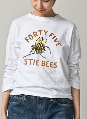 日系CC45字母蜜蜂图案印花竹节棉长袖T恤百搭上衣女