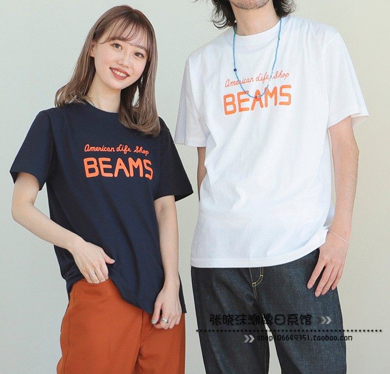 张晓沫日系beams胸前字母印花休闲宽松百搭短袖t恤衫男女情侣上衣