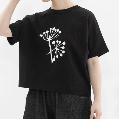 日系新品蒲公英印花后背拼条纹纯棉短袖T恤百搭上衣女n+