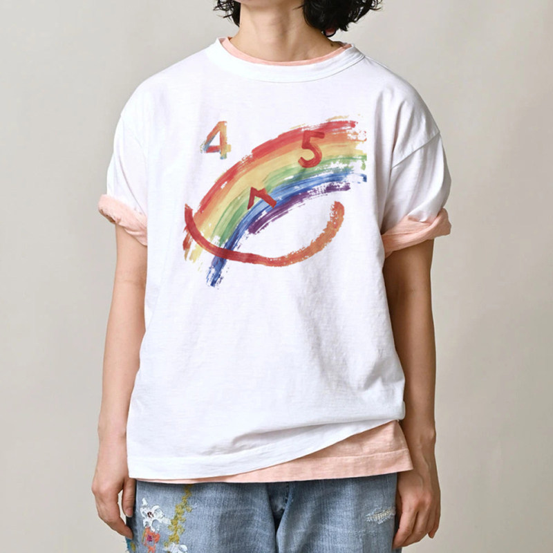 日系新品前彩虹笑脸印花后刺绣竹节棉短袖T恤男女上衣45