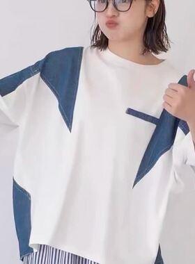 日系新品牛仔撞色拼接圆领短袖T恤百搭上衣女