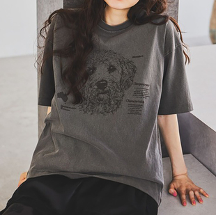 日系新品 T恤女 胸前手绘卡通狗狗图案刺绣字母纯棉短袖