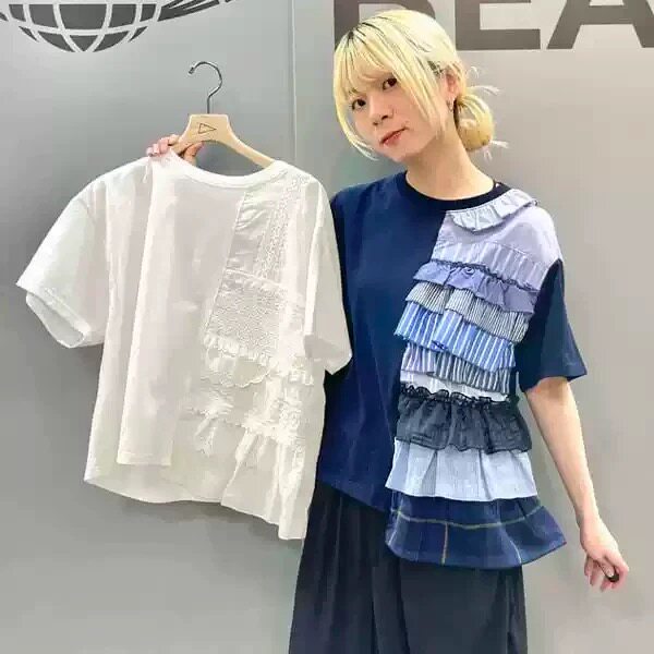 日系新品beams撞色条纹拼接不规则圆领短袖T恤百搭上衣女