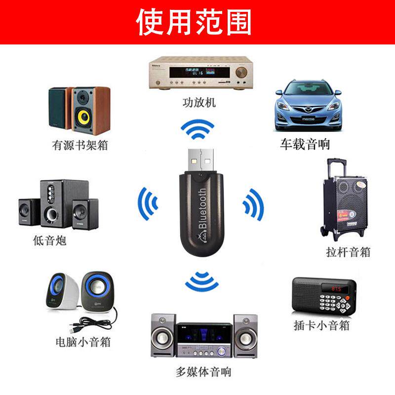 蓝牙接收器转音箱USB口和Aux音频双模式输出带麦克风车载免提通话