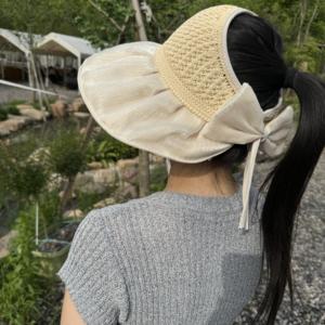 2024新款夏天季云欧根纱蝴蝶结女款防晒遮阳大帽檐太阳帽调节头围