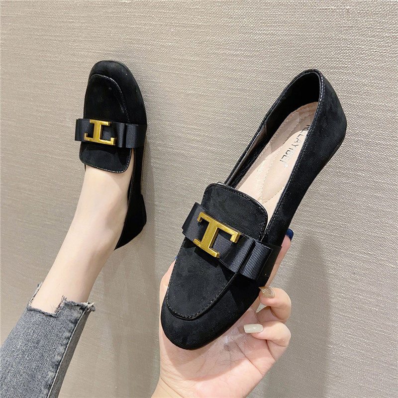 2022年春季新品单鞋女韩版豆豆鞋女网红蝴蝶结扣平底鞋百搭乐福鞋