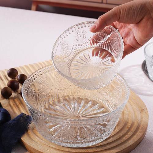 家用玻璃碗浮雕透明沙拉碗