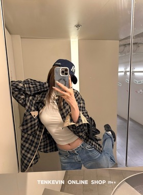 十一石 秋日限定！拼接磨毛格子衬衫外套女小个子宽松长袖上衣ll