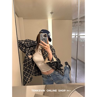 十一石 秋日限定！拼接磨毛格子衬衫外套女小个子宽松长袖上衣ll