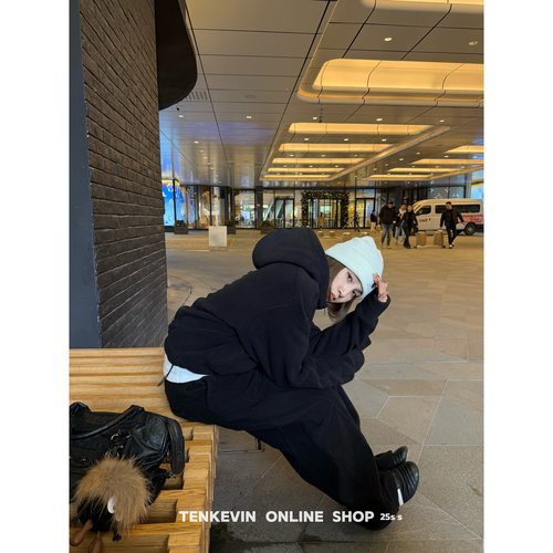 摇粒绒连帽拉链卫衣阔腿卫裤两件