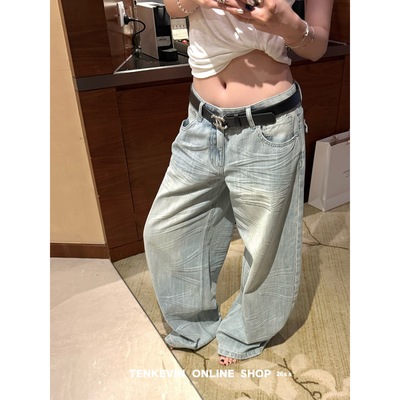 十一石 时髦先锋 立体猫须低腰牛仔裤女小个子宽松显瘦直筒阔腿裤