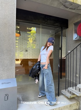 十一石 博主同款 复古水洗高腰直筒牛仔裤女宽松显瘦美式阔腿裤II