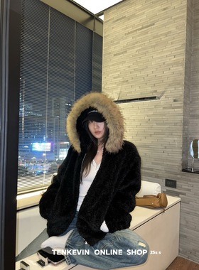 十一石 绒绒暖炉!大毛领环保毛毛外套女小个子宽松拉链连帽上衣II