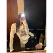 十一石 t恤女小个子宽松打底衫 松弛入冬 小众印花白色圆领长袖