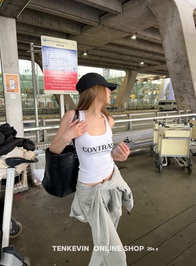 十一石 万搭cp!修身辣妹字母天丝工字背心吊带女短款无袖美背上衣