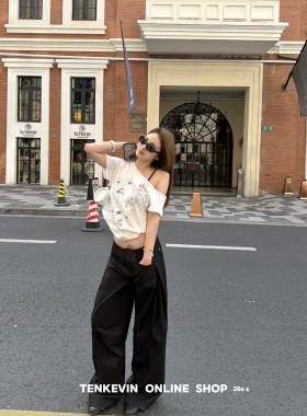 十一石 美式cleanfit 设计感褶皱阔腿休闲裤女宽松显瘦垂感直筒裤