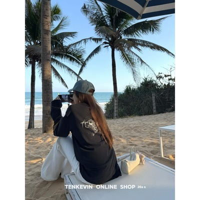 水洗做旧复古黑色大版长袖印花T