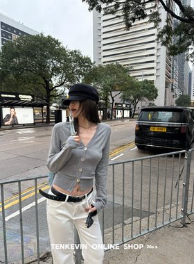 经典随性V领下摆收腰针织小开衫