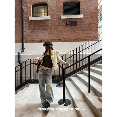 复古丹宁水洗闪电纹直筒牛仔裤