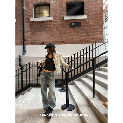 复古丹宁水洗闪电纹直筒牛仔裤