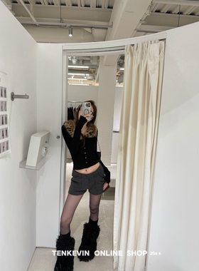 可拆卸豹纹毛领修身坑条磨毛开衫
