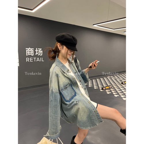 港岛腔调时髦宽松牛仔衬衫外套