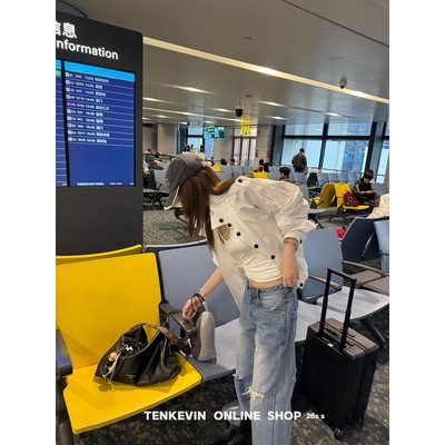 十一石 中古私服 早春薄款翻领短外套女小个子落肩长袖宽松上衣