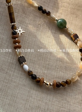 天然石木质珠拼接颈链